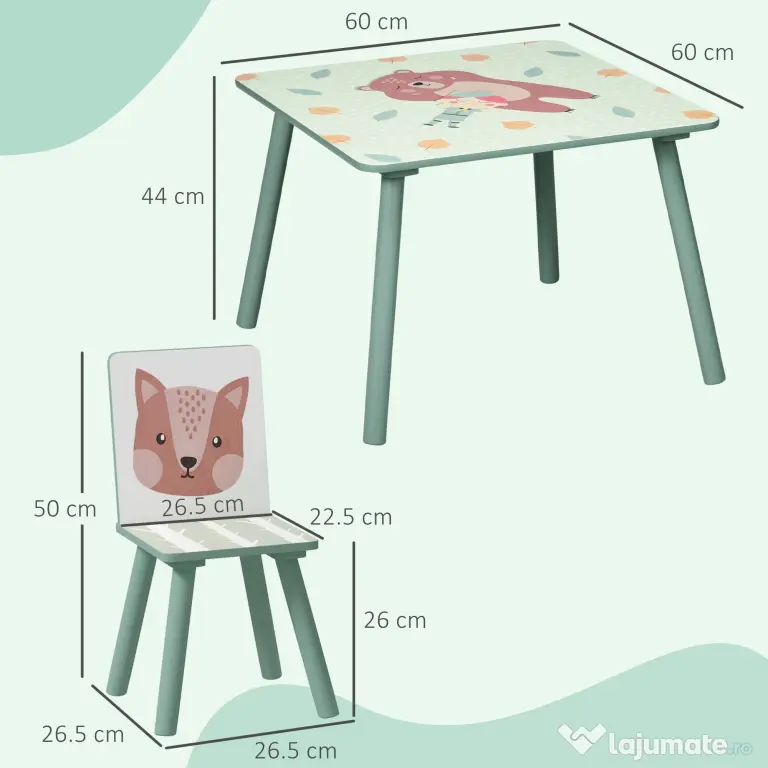 ZONEKIZ Set masa si scaun 3 piese pentru copii MDF lemn de pin desene animale verde distractie copii indemanare confortabil pentru copii model cu desene