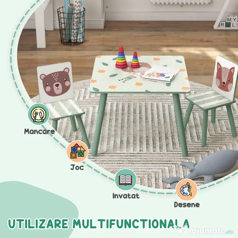 ZONEKIZ Set masa si scaun 3 piese pentru copii MDF lemn de pin desene animale verde distractie copii indemanare confortabil pentru copii model cu desene