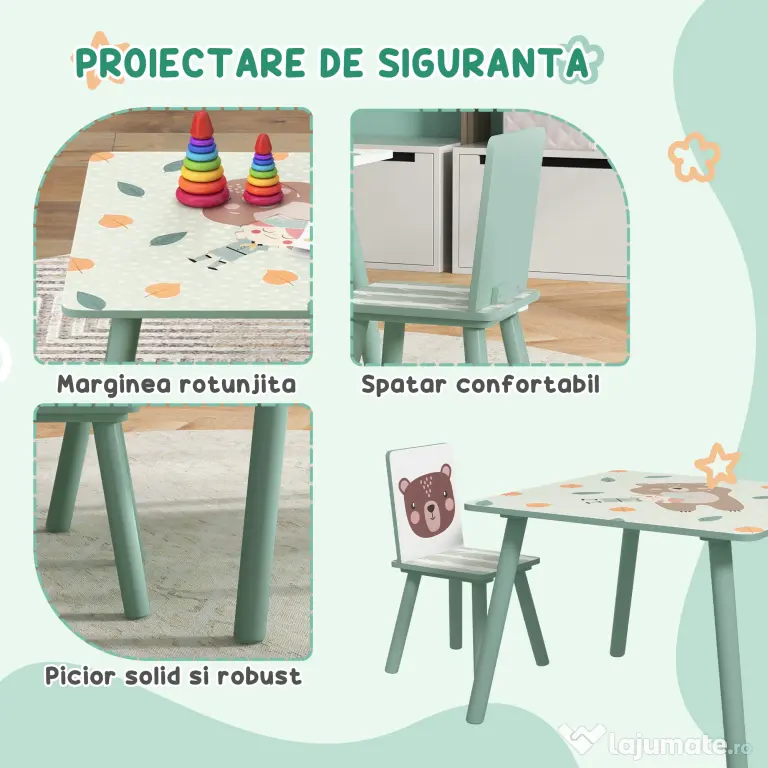ZONEKIZ Set masa si scaun 3 piese pentru copii MDF lemn de pin desene animale verde distractie copii indemanare confortabil pentru copii model cu desene