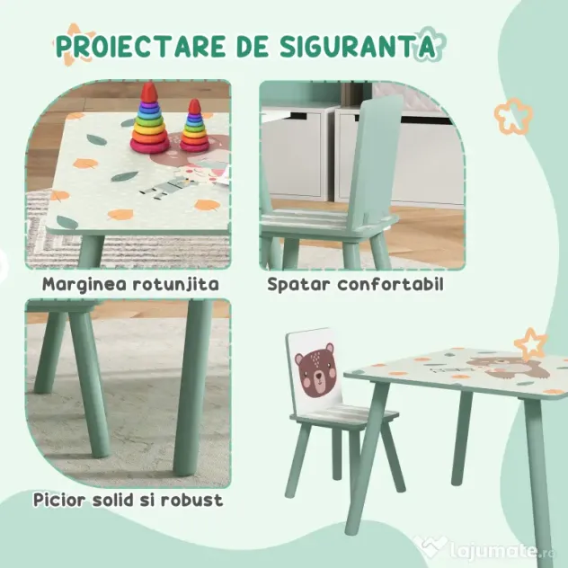 ZONEKIZ Set masa si scaun 3 piese pentru copii MDF lemn de pin desene animale verde distractie copii indemanare confortabil pentru copii model cu desene