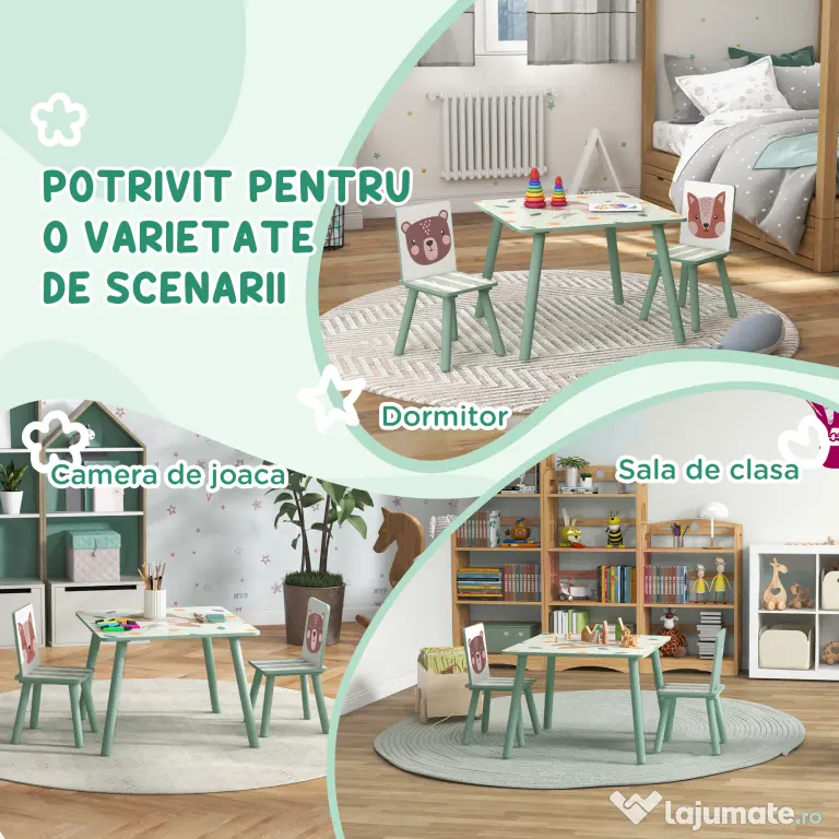 ZONEKIZ Set masa si scaun 3 piese pentru copii MDF lemn de pin desene animale verde distractie copii indemanare confortabil pentru copii model cu desene