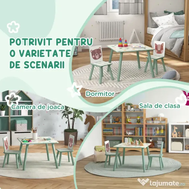 ZONEKIZ Set masa si scaun 3 piese pentru copii MDF lemn de pin desene animale verde distractie copii indemanare confortabil pentru copii model cu desene