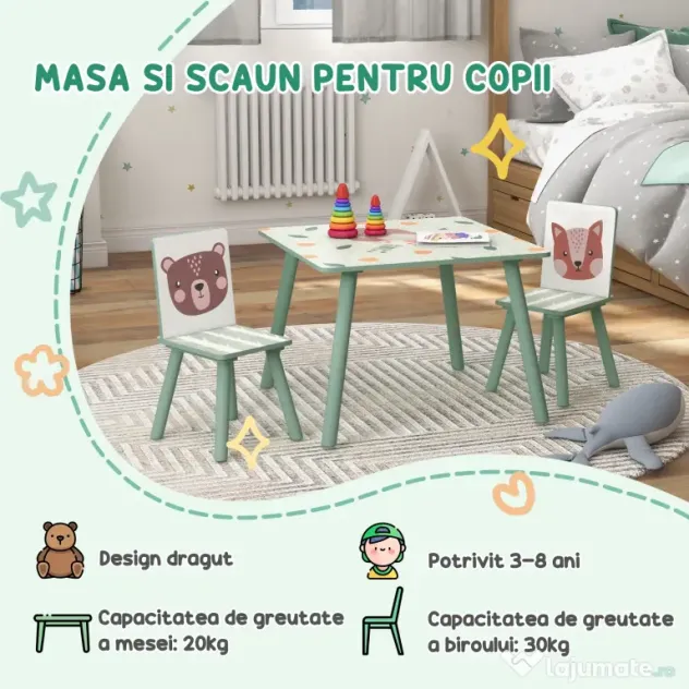 ZONEKIZ Set masa si scaun 3 piese pentru copii MDF lemn de pin desene animale verde distractie copii indemanare confortabil pentru copii model cu desene