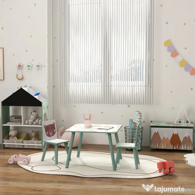 ZONEKIZ Set masa si scaun 3 piese pentru copii MDF lemn de pin desene animale verde distractie copii indemanare confortabil pentru copii model cu desene