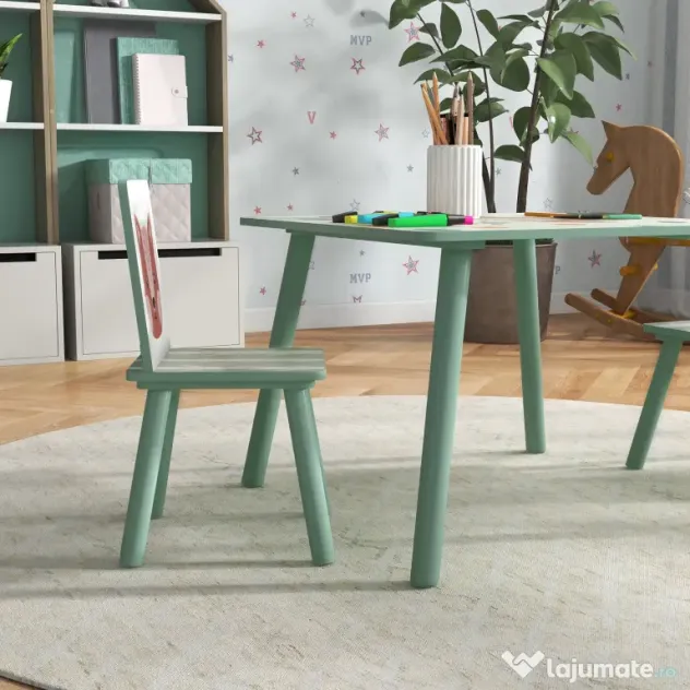 ZONEKIZ Set masa si scaun 3 piese pentru copii MDF lemn de pin desene animale verde distractie copii indemanare confortabil pentru copii model cu desene