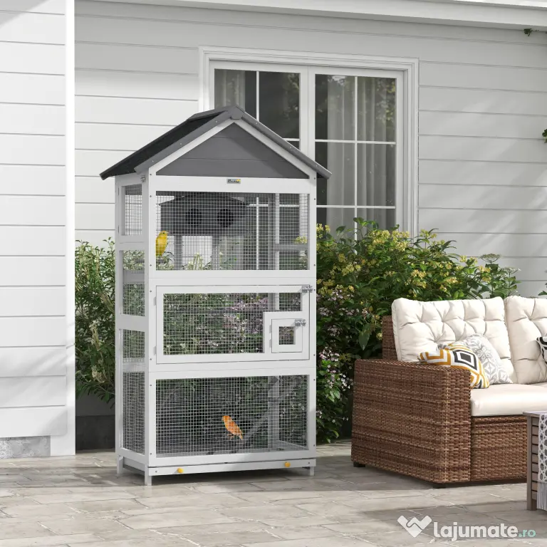 Pawhut Colivie Exterior Lemn – Voliera cu Scara, Tava & Suporturi