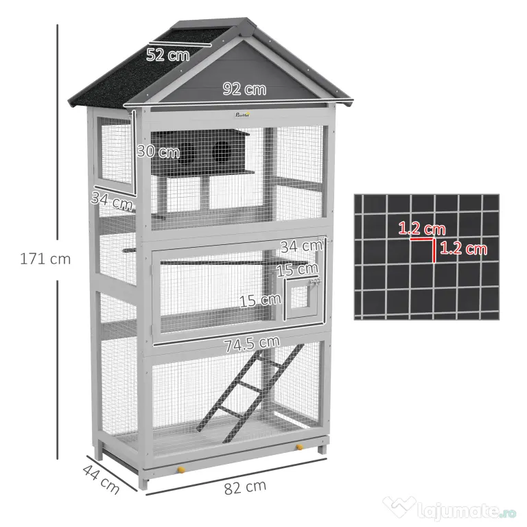 Pawhut Colivie Exterior Lemn – Voliera cu Scara, Tava & Suporturi