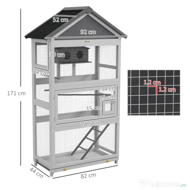 Pawhut Colivie Exterior Lemn – Voliera cu Scara, Tava & Suporturi