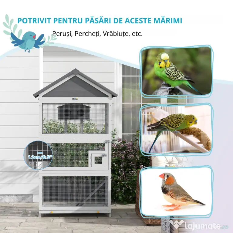 Pawhut Colivie Exterior Lemn – Voliera cu Scara, Tava & Suporturi