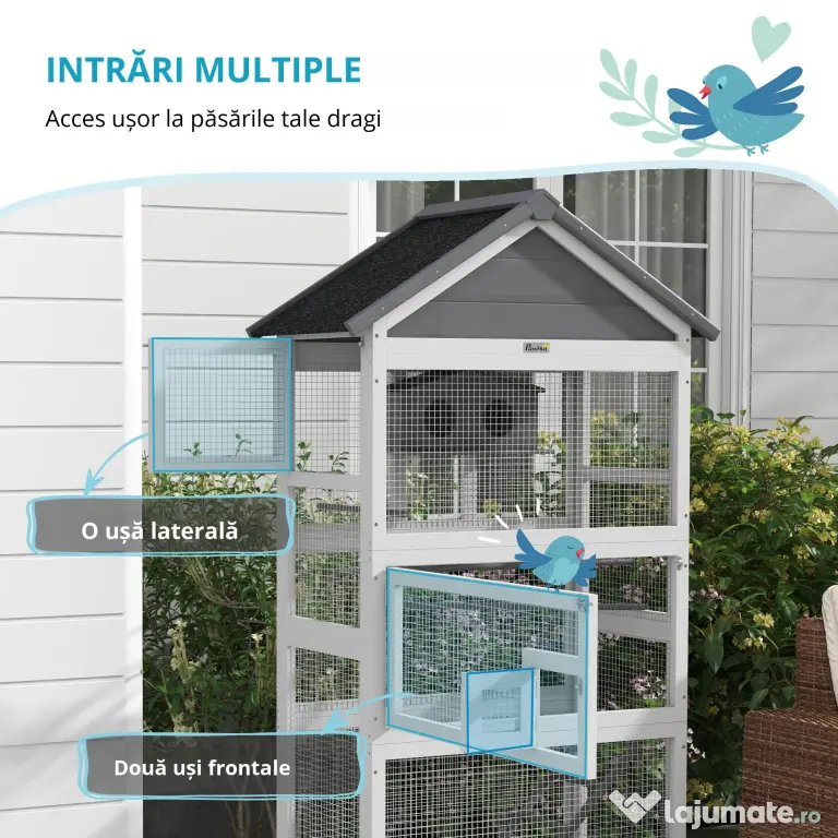 Pawhut Colivie Exterior Lemn – Voliera cu Scara, Tava & Suporturi