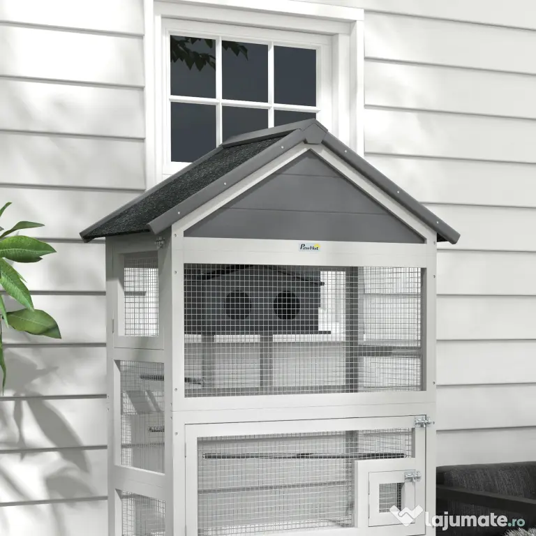 Pawhut Colivie Exterior Lemn – Voliera cu Scara, Tava & Suporturi