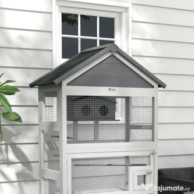 Pawhut Colivie Exterior Lemn – Voliera cu Scara, Tava & Suporturi