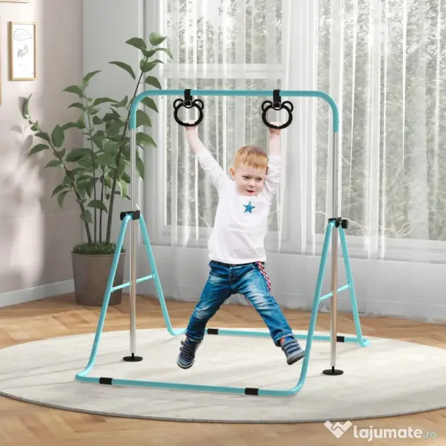 HOMCOM Bară Gimnastică Artistică pentru Copii Reglabilă pe Înălțime cu 2 Inele, din Oțel, Verde Deschis