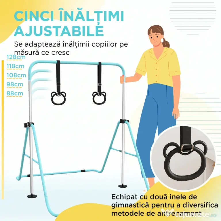 HOMCOM Bară Gimnastică Artistică pentru Copii Reglabilă pe Înălțime cu 2 Inele, din Oțel, Verde Deschis