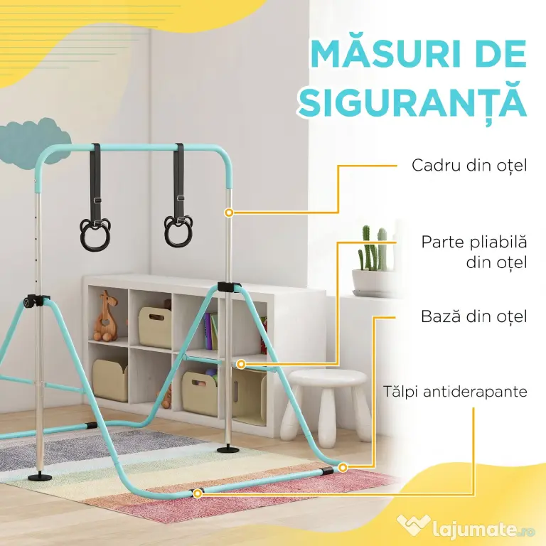 HOMCOM Bară Gimnastică Artistică pentru Copii Reglabilă pe Înălțime cu 2 Inele, din Oțel, Verde Deschis