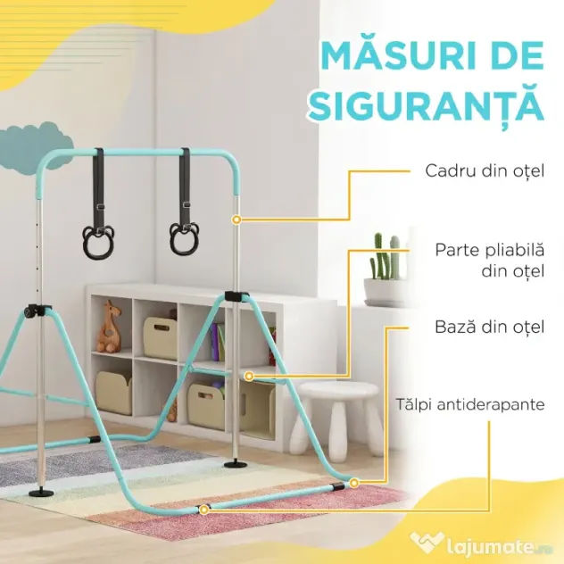 HOMCOM Bară Gimnastică Artistică pentru Copii Reglabilă pe Înălțime cu 2 Inele, din Oțel, Verde Deschis