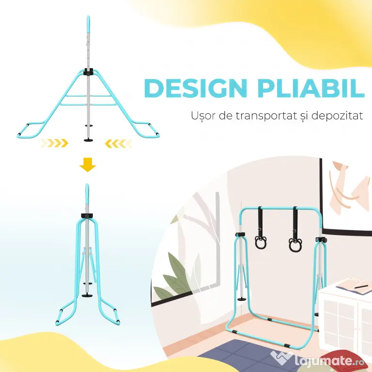 HOMCOM Bară Gimnastică Artistică pentru Copii Reglabilă pe Înălțime cu 2 Inele, din Oțel, Verde Deschis