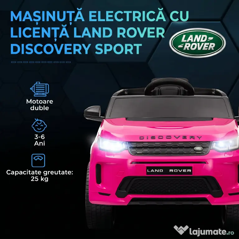 AIYAPLAY Mașină Electrică Copii cu Licență Land Rover Discovery, cu Faruri, Claxon și Centură, din Plastic și Metal, 106x65,5x51 cm, Roz