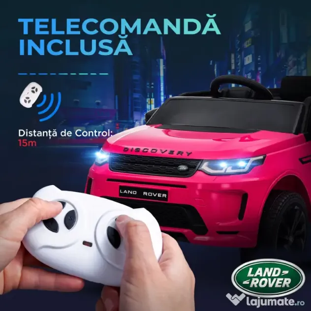 AIYAPLAY Mașină Electrică Copii cu Licență Land Rover Discovery, cu Faruri, Claxon și Centură, din Plastic și Metal, 106x65,5x51 cm, Roz