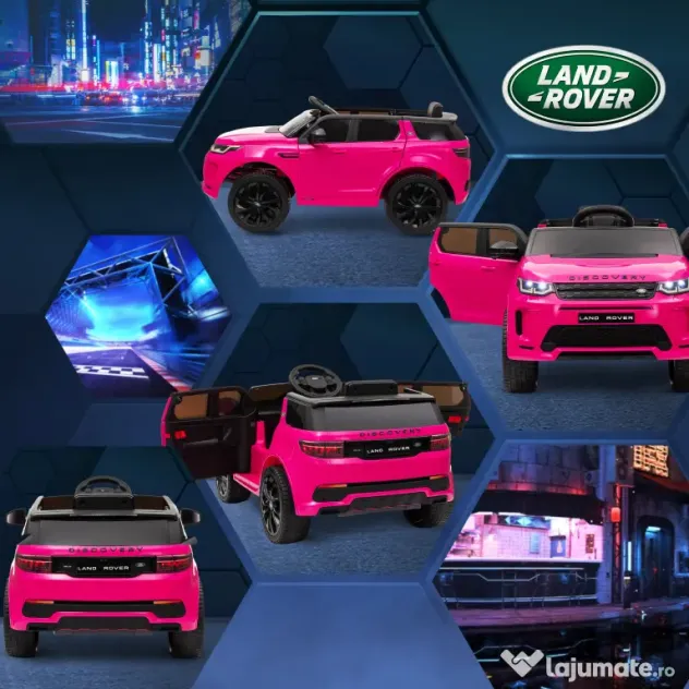 AIYAPLAY Mașină Electrică Copii cu Licență Land Rover Discovery, cu Faruri, Claxon și Centură, din Plastic și Metal, 106x65,5x51 cm, Roz