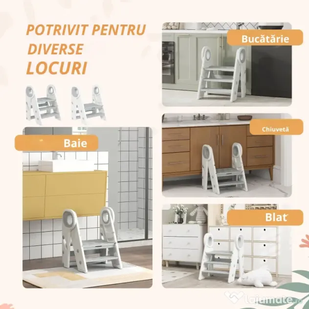 AIYAPLAY Treaptă pentru copii 3 trepte, scări de bucătărie pentru copii, pliabilă, înălțime ajustabilă de la 2 la 3 trepte, gri