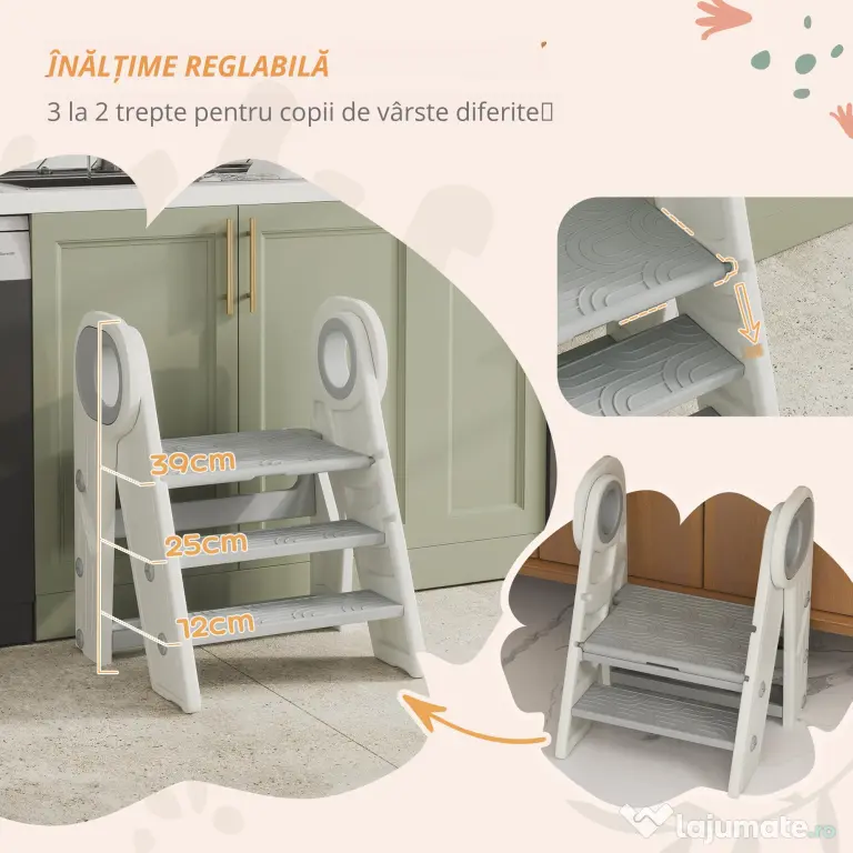 AIYAPLAY Treaptă pentru copii 3 trepte, scări de bucătărie pentru copii, pliabilă, înălțime ajustabilă de la 2 la 3 trepte, gri