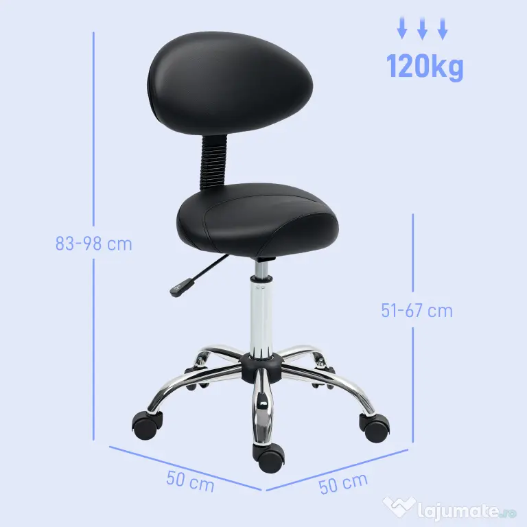 HOMCOM Scaun Estetician cu Roți și Spătar, Înălțime Reglabilă și Scaun Rotativ din Piele Falsă, Negru