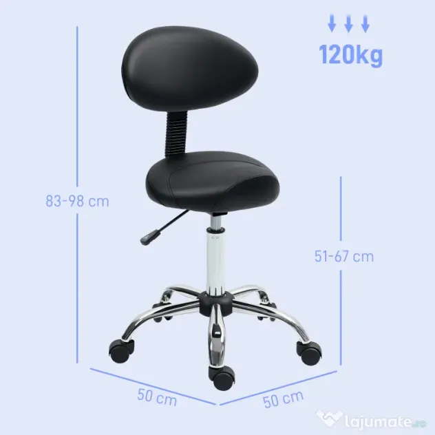 HOMCOM Scaun Estetician cu Roți și Spătar, Înălțime Reglabilă și Scaun Rotativ din Piele Falsă, Negru
