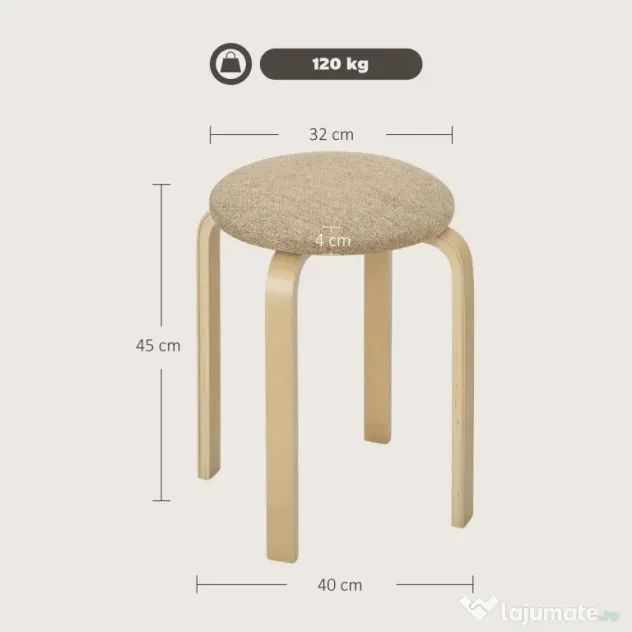 HOMCOM Set 4 Taburete Stivuibile și Căptușite cu Țesătură și Picioare din Lemn, Kaki