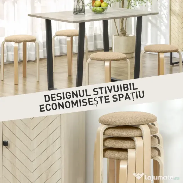 HOMCOM Set 4 Taburete Stivuibile și Căptușite cu Țesătură și Picioare din Lemn, Kaki