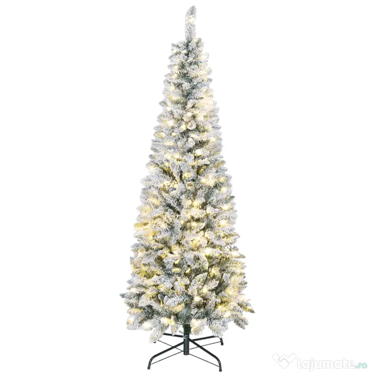 HOMCOM Brad de Crăciun înzăpezit cu 180 de lumini LED și 11 efecte, 479 de ramuri, Ø65x180 cm, verde și alb