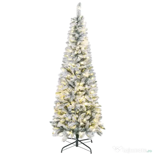 HOMCOM Brad de Crăciun înzăpezit cu 180 de lumini LED și 11 efecte, 479 de ramuri, Ø65x180 cm, verde și alb
