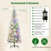 HOMCOM Brad de Crăciun înzăpezit cu 180 de lumini LED și 11 efecte, 479 de ramuri, Ø65x180 cm, verde și alb