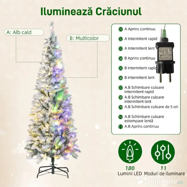 HOMCOM Brad de Crăciun înzăpezit cu 180 de lumini LED și 11 efecte, 479 de ramuri, Ø65x180 cm, verde și alb