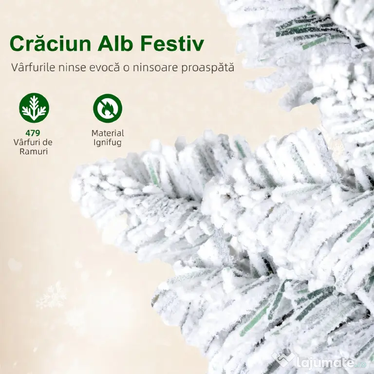 HOMCOM Brad de Crăciun înzăpezit cu 180 de lumini LED și 11 efecte, 479 de ramuri, Ø65x180 cm, verde și alb