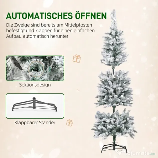 HOMCOM Brad de Crăciun înzăpezit cu 180 de lumini LED și 11 efecte, 479 de ramuri, Ø65x180 cm, verde și alb