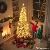 HOMCOM Brad de Crăciun înzăpezit cu 180 de lumini LED și 11 efecte, 479 de ramuri, Ø65x180 cm, verde și alb