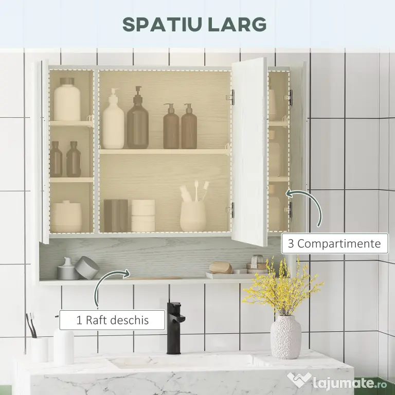 Kleankin Dulap cu oglinda cu raft reglabil, MDF Sticla 90x15x75cm, Alb