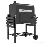 Outsunny Grătar de Grădină pe 2 Roți cu Grilaj, Afumător și Arzător, din Metal și Fontă, 124x66x112 cm, Negru 