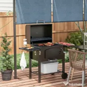 Outsunny Grătar de Grădină pe 2 Roți cu Grilaj, Afumător și Arzător, din Metal și Fontă, 124x66x112 cm, Negru 