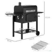 Outsunny Grătar de Grădină pe 2 Roți cu Grilaj, Afumător și Arzător, din Metal și Fontă, 124x66x112 cm, Negru 
