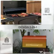 Outsunny Grătar de Grădină pe 2 Roți cu Grilaj, Afumător și Arzător, din Metal și Fontă, 124x66x112 cm, Negru 