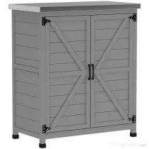 Outsunny - Dulap de Depozitare pentru Exterior, Cutie de Depozitare din Lemn cu Blat Metalic și Rafturi, Banc de Lucru pentru Grădină cu Uși Duble, Gri
