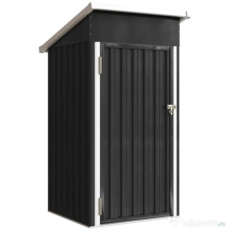 Outsunny Magazie de Grădină 0,74m² din Oțel Galvanizat cu Guri de Aerisire, Magazie cu Ușă Blocabilă, Acoperiș Înclinat, Mănuși, Depozitare Unelte, 107,5x91x185 cm, Gri Închis