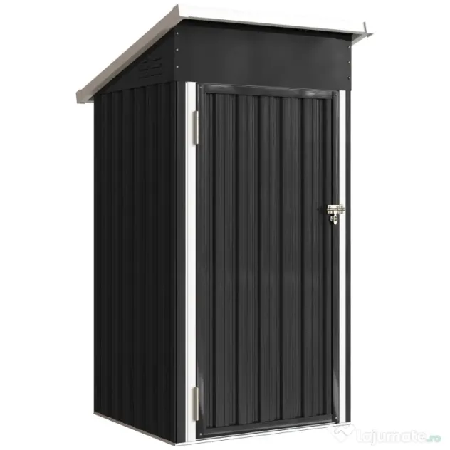 Outsunny Magazie de Grădină 0,74m² din Oțel Galvanizat cu Guri de Aerisire, Magazie cu Ușă Blocabilă, Acoperiș Înclinat, Mănuși, Depozitare Unelte, 107,5x91x185 cm, Gri Închis