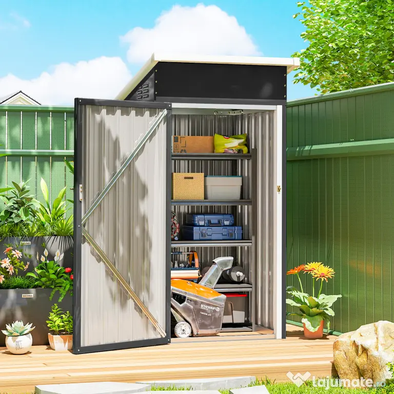 Outsunny Magazie de Grădină 0,74m² din Oțel Galvanizat cu Guri de Aerisire, Magazie cu Ușă Blocabilă, Acoperiș Înclinat, Mănuși, Depozitare Unelte, 107,5x91x185 cm, Gri Închis