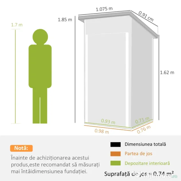 Outsunny Magazie de Grădină 0,74m² din Oțel Galvanizat cu Guri de Aerisire, Magazie cu Ușă Blocabilă, Acoperiș Înclinat, Mănuși, Depozitare Unelte, 107,5x91x185 cm, Gri Închis