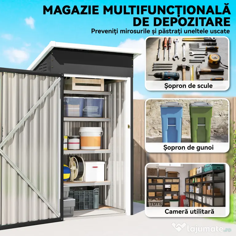 Outsunny Magazie de Grădină 0,74m² din Oțel Galvanizat cu Guri de Aerisire, Magazie cu Ușă Blocabilă, Acoperiș Înclinat, Mănuși, Depozitare Unelte, 107,5x91x185 cm, Gri Închis