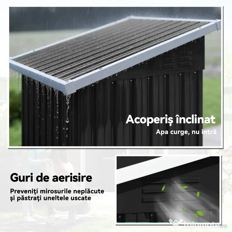Outsunny Magazie de Grădină 0,74m² din Oțel Galvanizat cu Guri de Aerisire, Magazie cu Ușă Blocabilă, Acoperiș Înclinat, Mănuși, Depozitare Unelte, 107,5x91x185 cm, Gri Închis