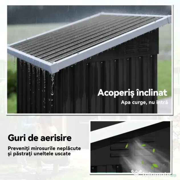 Outsunny Magazie de Grădină 0,74m² din Oțel Galvanizat cu Guri de Aerisire, Magazie cu Ușă Blocabilă, Acoperiș Înclinat, Mănuși, Depozitare Unelte, 107,5x91x185 cm, Gri Închis